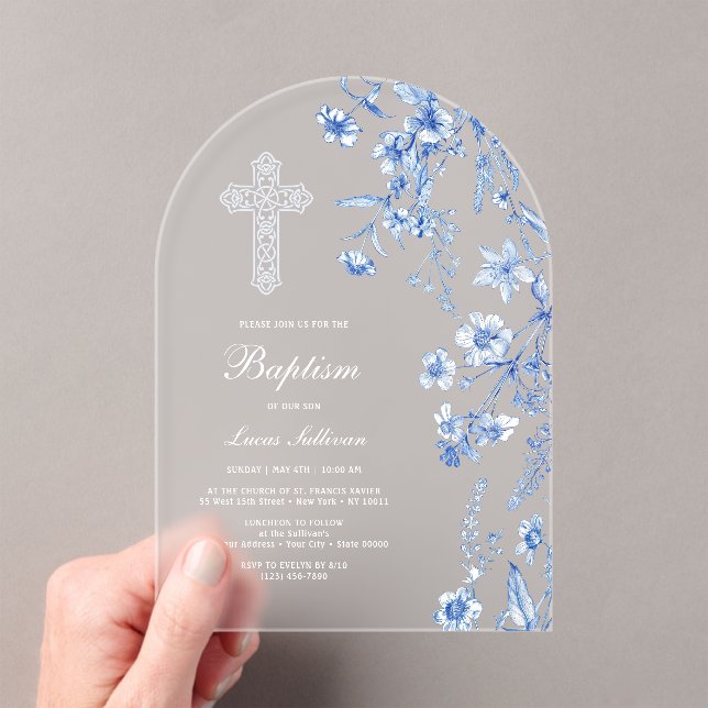Invitaciones Acrílicas Arco de flores silvestres azules franceses Bautizo (Insitu (portátil))