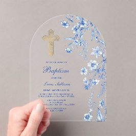 Invitaciones Acrílicas Arco de flores silvestres azules franceses Bautizo