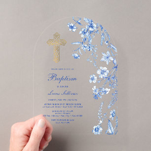 Invitaciones Acrílicas Arco de flores silvestres azules franceses Bautizo