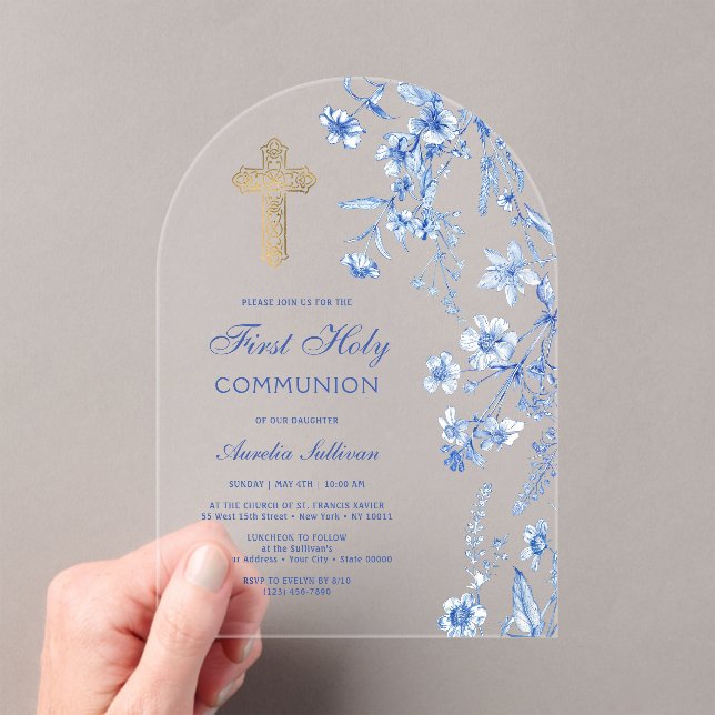 Invitaciones Acrílicas Arco de flores silvestres azules franceses Primera (Insitu (portátil))