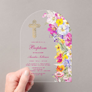 Invitaciones Acrílicas Arco de flores silvestres brillantes Bautizo