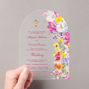 Invitaciones Acrílicas Arco de flores silvestres brillantes boda religios