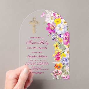 Invitaciones Acrílicas Arco de flores silvestres brillantes Primera Comun