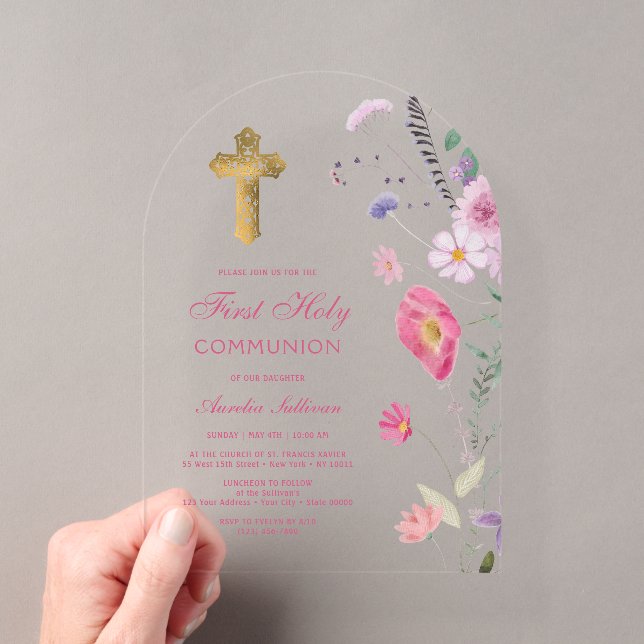 Invitaciones Acrílicas Arco de flores silvestres de primavera Primera Com (Insitu (portátil))