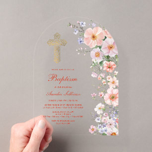 Invitaciones Acrílicas Arco de flores silvestres pastel Bautizo
