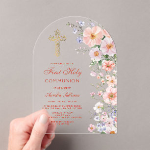 Invitaciones Acrílicas Arco de flores silvestres pastel Primera Comunión