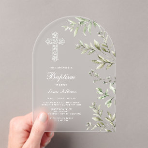 Invitaciones Acrílicas Arco de Foliage de Acuarela Elegante Bautizo