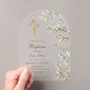 Invitaciones Acrílicas Arco de Follaje Acuarela Bautizo