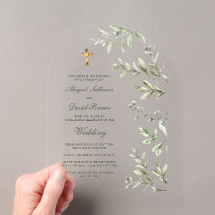 Invitaciones Acrílicas Arco de follaje acuarela boda religiosa