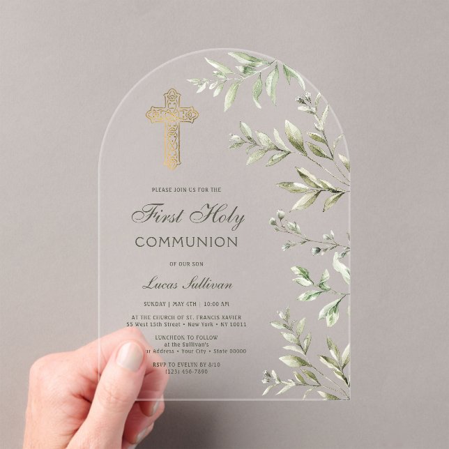 Invitaciones Acrílicas Arco de follaje de acuarela Primera Comunión (Insitu (portátil))