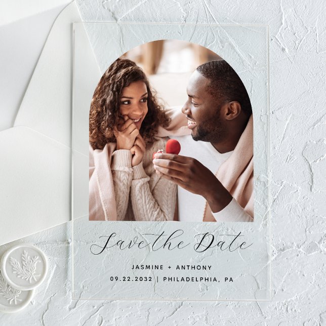 Invitaciones Acrílicas Arco de fotos mínimo de Boho Black Script Save the (Subido por el creador)