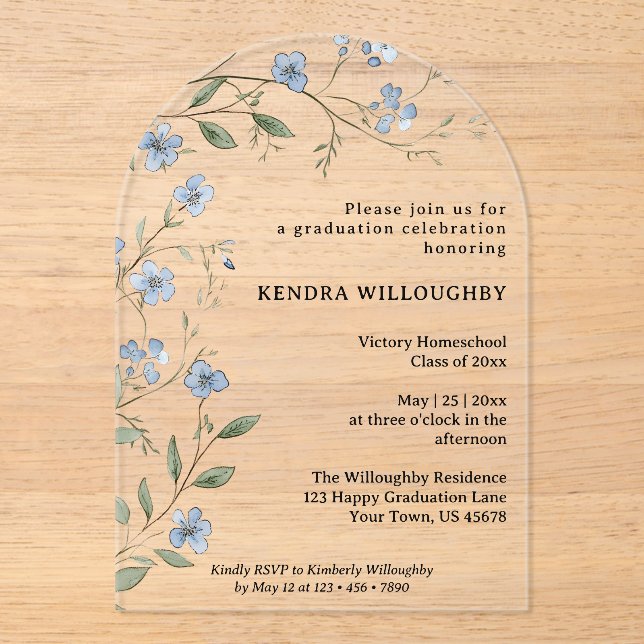Invitaciones Acrílicas Arco de graduación de Blue Wildflowers Homeschool (Anverso)