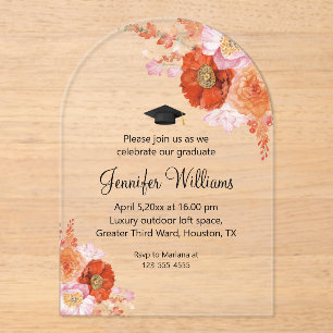 Invitaciones Acrílicas arco de graduación de fiesta floral naranja acuare