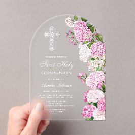 Invitaciones Acrílicas Arco de Hortensia Rosa Elegante Primera Comunión