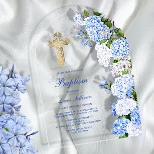 Invitaciones Acrílicas Arco de Hortensias Azules Bautizo