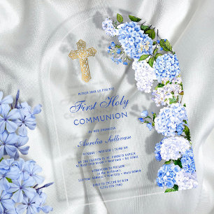Invitaciones Acrílicas Arco de Hortensias Azules Primera Comunión