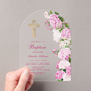 Invitaciones Acrílicas Arco de Hortensias Rosadas Bautizo