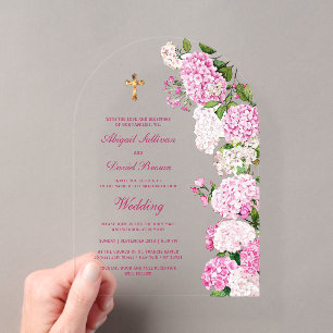 Invitaciones Acrílicas Arco de Hortensias Rosadas Boda Religiosa