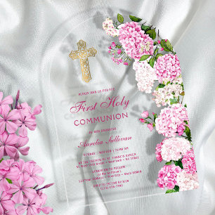 Invitaciones Acrílicas Arco de Hortensias Rosadas Primera Comunión