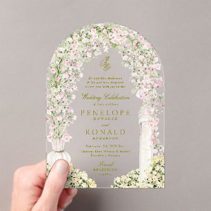 Invitaciones Acrílicas arco de jardín floral monograma boda
