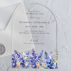 Invitaciones Acrílicas Arco de Larkspur azul de cumpleaños 30, flor de na