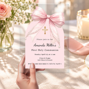 Invitaciones Acrílicas Arco de lazo rosa de lujo claro Primera Comunión