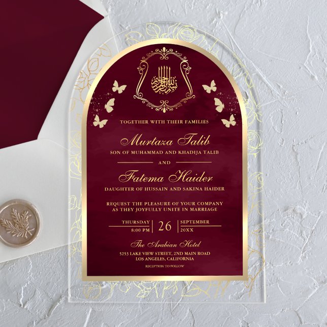 Invitaciones Acrílicas Arco de mariposa de oro de Borgoña Boda musulmana (Subido por el creador)