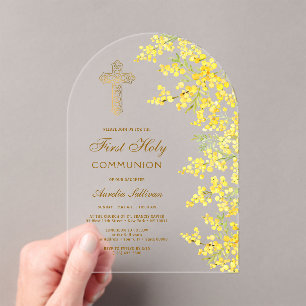 Invitaciones Acrílicas Arco de Mimosa en Acuarela Primera Comunión