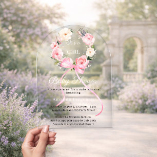 Invitaciones Acrílicas Arco de niña con lazo de corona floral rosa para B