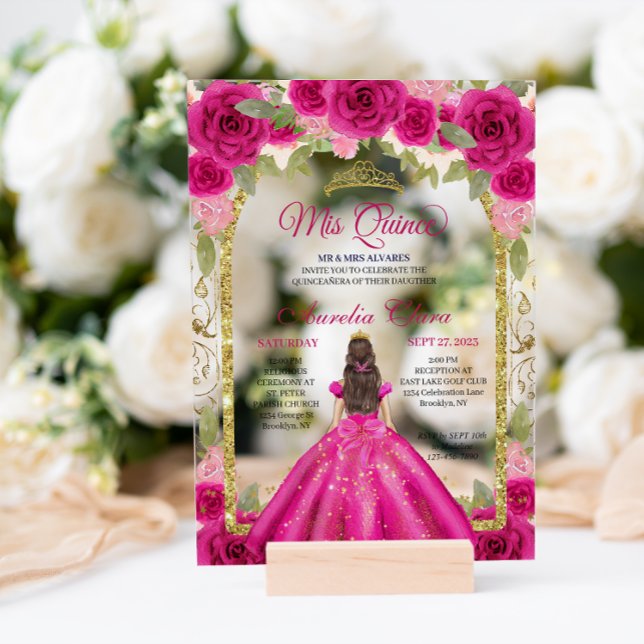Invitaciones Acrílicas Arco de oro de princesa floral magenta rosa Quince (Subido por el creador)