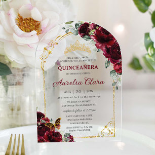 Invitaciones Acrílicas Arco de oro floral Quinceañera Sweet 16