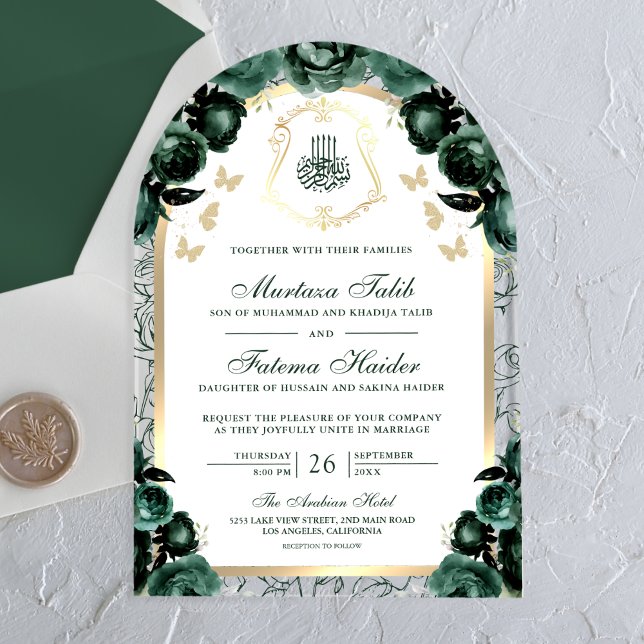 Invitaciones Acrílicas Arco de oro floral verde esmeralda Boda musulmana (Subido por el creador)