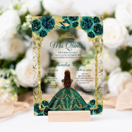 Invitaciones Acrílicas Arco de oro floral verde Princesa Quinceanera