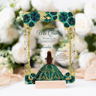 Invitaciones Acrílicas Arco de oro floral verde Princesa Quinceanera