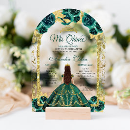 Invitaciones Acrílicas Arco de oro floral verde Princesa Quinceanera