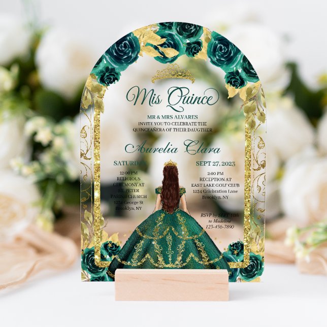 Invitaciones Acrílicas Arco de oro floral verde Princesa Quinceanera (Subido por el creador)