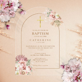Invitaciones Acrílicas Arco de oro Pampas Grass Floral Niña Bautizo