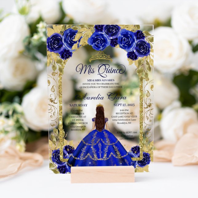Invitaciones Acrílicas Arco de oro Royal Blue Floral Princess Quinceanera (Subido por el creador)