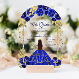 Invitaciones Acrílicas Arco de oro Royal Blue Floral Princess Quinceanera