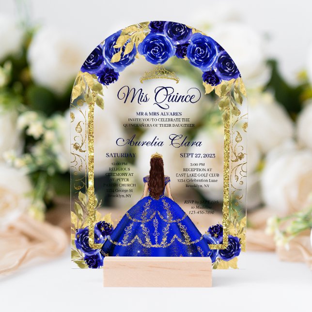 Invitaciones Acrílicas Arco de oro Royal Blue Floral Princess Quinceanera (Subido por el creador)