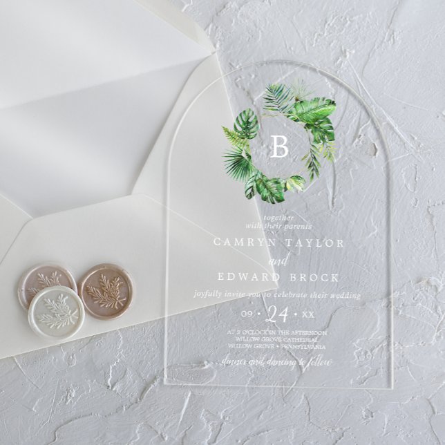 Invitaciones Acrílicas Arco de Palm Tropical Salvaje Boda de Playa Blanca (Wild Tropical Palm Arch White Modern Beach Wedding Acrylic Invitations)