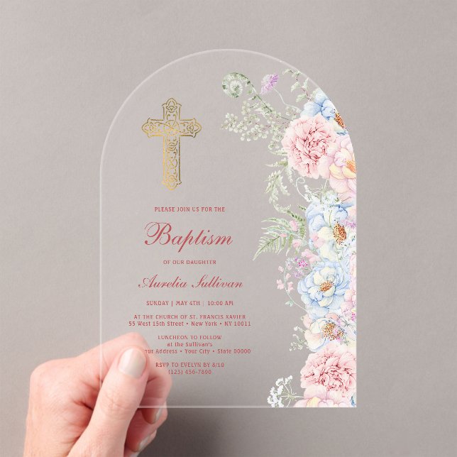 Invitaciones Acrílicas Arco de Pastel de Peonías Bautizo (Insitu (portátil))