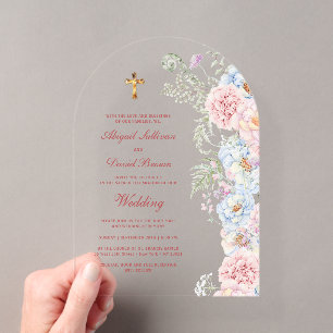 Invitaciones Acrílicas Arco de Peonías Pastel para Boda Religiosa