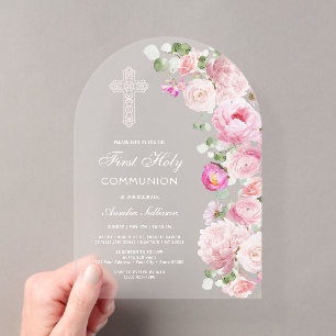 Invitaciones Acrílicas Arco de peonías rosadas al acuarela para Primera C