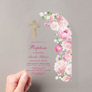 Invitaciones Acrílicas Arco de Peonías Rosadas Bautizo