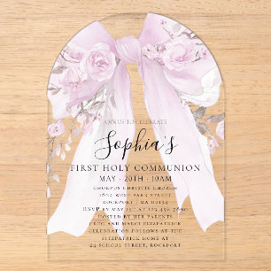 Invitaciones Acrílicas Arco de Primera Comunión Floral Rosa con Lazo Rosa