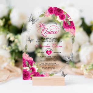 Invitaciones Acrílicas Arco de Quinceañera de Mariposa de Plata Rosa Flor