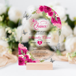 Invitaciones Acrílicas Arco de Quinceañera de Mariposa Plata Rosa Floral
