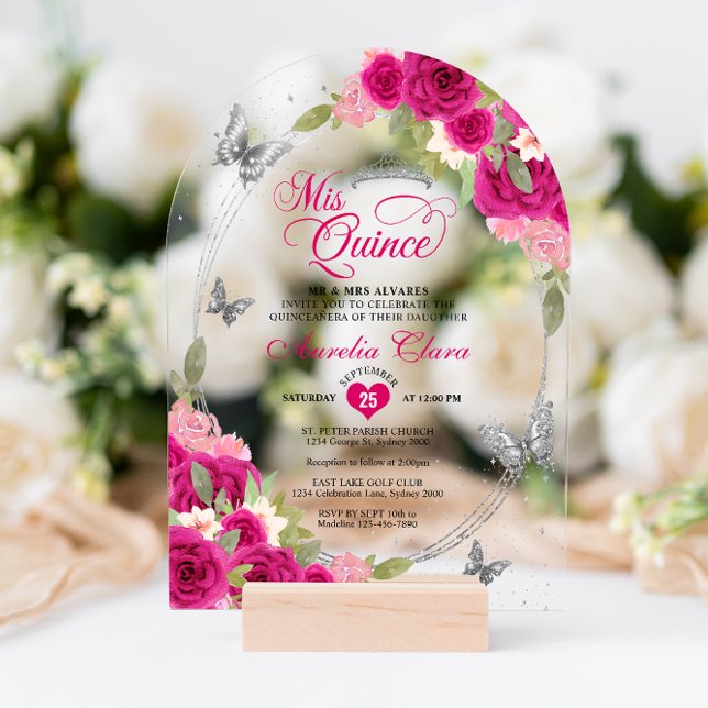 Invitaciones Acrílicas Arco de Quinceañera de Mariposa Plata Rosa Floral (Subido por el creador)