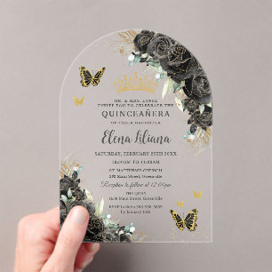 Invitaciones Acrílicas Arco de Quinceañera de Mariposas Florales Doradas
